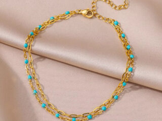 Γυναικεία Διπλή Αλυσίδα Ποδιού Turquoise Bead Anklet από Ανοξείδωτο Ατσάλι