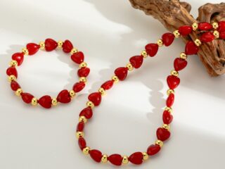 Γυναικείο Σετ Κολιέ - Βραχιόλι Αλυσίδα Amor Enamel Heart Necklace & Bracelet Set Επιχρυσωμένο 18Κ