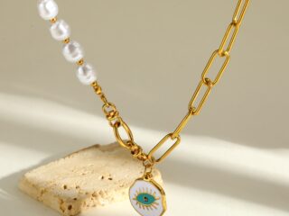 Γυναικείο Κολιέ Selene Pearl Mix & Evil Eye από Ανοξείδωτο Ατσάλι Επιχρυσωμένο 18Κ
