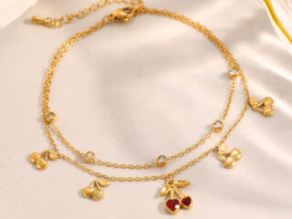 Γυναικεία Διπλή Αλυσίδα Ποδιού Cherry Crystal Anklet από Ανοξείδωτο Ατσάλι Επιχρυσωμένη 18K