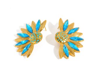 Γυναικεία Σκουλαρίκια Statement Crystal Sunflower από Ανοξείδωτο Ατσάλι Επιχρυσωμένα 18Κ με Zircon Μπλε