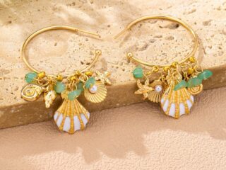 Γυναικεία Σκουλαρίκια Summer Drop Shell Hoops με Charms και Φυσικές Πέτρες